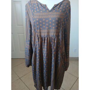 Tea n Rose Womens Dress Long Sleeve V-neck Brown Orange Bohemian Peasant Large